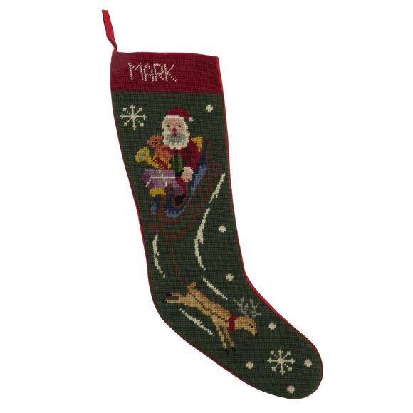 Handmade Other - VTG Handmade Santa Reindeer Sleigh Needlepoint Christmas Stocking Mark Holiday